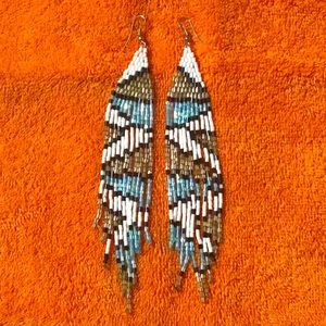 Long Blue/White/Grey Beaded Earrings